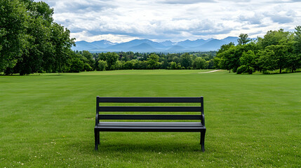 Serene park bench view, mountain backdrop, green grass, peaceful rest