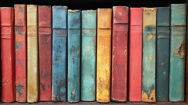 Colorful old books on dark shelf, background for knowledge, home library