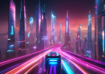 A futuristic city skyline at night with glowing neon holograms and flying cars.