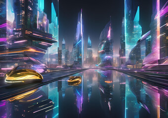 A futuristic city skyline at night with glowing neon holograms and flying cars.