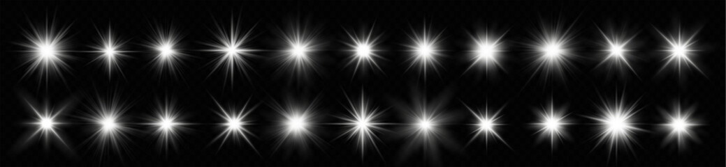 Sunlight, abstract special effect. Light effect set. Isolated white transparent light effect set, lens flare, explosion, dust, line, sun flash, spark and stars, spotlight, curve twirl, png. 