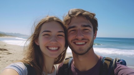 Obraz premium A joyful young couple takes a selfie on a sunny beach, their beaming smiles capturing the essence of love and happiness with the ocean waves in the background.