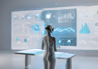 A digital human hologram interface displaying futuristic data charts and 3D models.