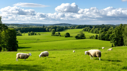 Fototapeta premium Sheep graze idyllic green pasture, rolling hills background; perfect for travel brochures