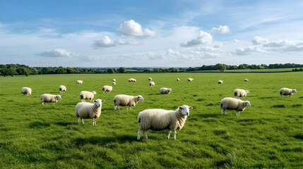 Fototapeta premium Sheep graze in a lush green pasture under a bright blue sky with fluffy white clouds; idyllic rural landscape, perfect for agricultural or nature publications
