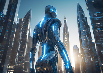 A cybernetic humanoid with a sleek, metallic body and glowing blue circuits