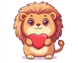 Obraz premium Cute lion cub holding heart, Valentine's Day card