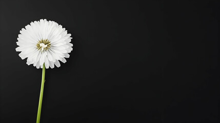 Single white flower on black background; minimalist floral design; copy space; sympathy card