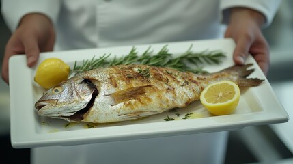 A chef presents a grilled fish on a white rectangular plate, garnished with lemon slices and rosemary sprigs. The fish is golden brown and appears