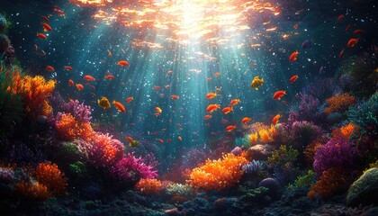 Fototapeta premium Vibrant Coral Reef Ecosystem With Colorful Fish Swimming