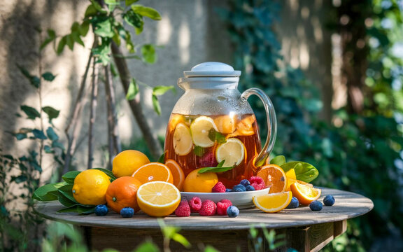 A glass pitcher of iced tea with fresh fruits and ice on a table