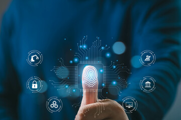 Close-up of a person's thumb using digital fingerprint scanning technology, surrounded by futuristic virtual icons on a dark background.