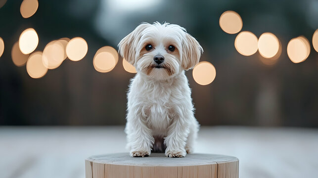 Small fluffy dog sitting on tree stump, bokeh lights background, pet portrait, website banner