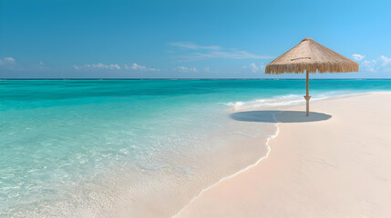 Fototapeta premium Straw parasol stands on a pristine white sand beach next to calm turquoise ocean water under a clear blue sky.