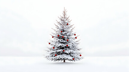 Snowy Christmas tree with red ornaments, winter wonderland background, holiday card design