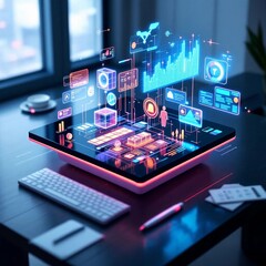 A hologram depicts a modern workplace integrated with artificial intelligence (AI) technology.