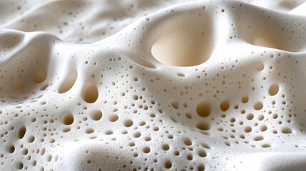 Close up view of a textured off white surface with numerous small and large holes, creating a porous and uneven landscape. The surface has a soft