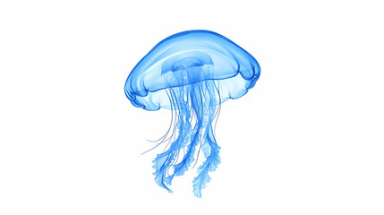 Solitary blue jellyfish floats against white background; ocean life; underwater photography; website, book, and educational use