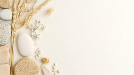 Spa Relaxation Stones, Flowers, and Grasses on White Background