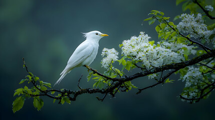 White bird perched on flowering branch, misty forest