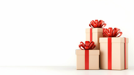 Obraz premium Stacked gifts with red bows on white background; ideal for holiday promotions