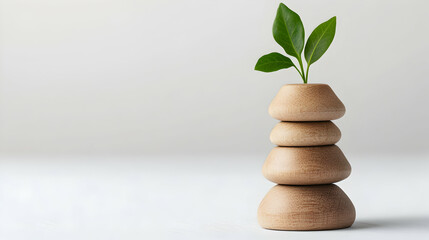 Stacked wooden discs with a small plant sprout; minimalist, growth concept; white background; for wellness, nature, or business