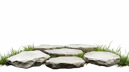 Stone pathway in green grass on white background, ideal for product display