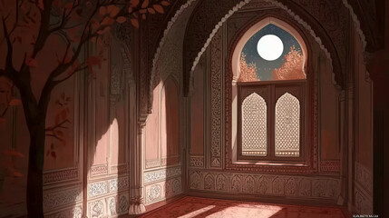 Obraz premium moonlit night in intricate mughal palace room with ornate jali window and carved stone walls showcasing detailed digital painting of serene autumnal scene in persian architectural style