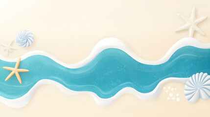 Summer beach vacation banner ocean wave on sandy beach with seashells and starfish