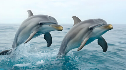 Fototapeta premium Dolphins leaping ocean playful wildlife marine