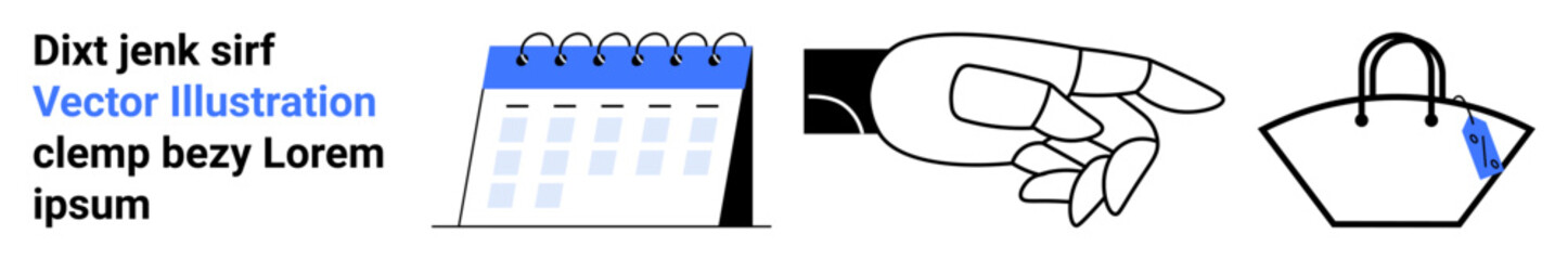 Calendar with blue details, pointing hand, and bag suggest time management, selection, and retail. Ideal for planning, scheduling, productivity, shopping decision-making organization flat landing