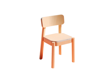 A minimalist Scandinavian-style chair crafted from light-colored wood, featuring clean lines and a simple design. The chair is placed in a modern co-working space with bright colors