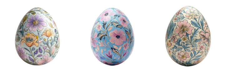 Set of Decorative Floral Eggs on a Transparent Background for Easter Celebrations