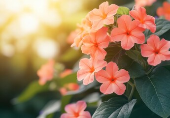 Close up of vibrant coral colored flowers in a garden setting, illuminated by warm sunlight. Green leaves provide a backdrop, creating a soft