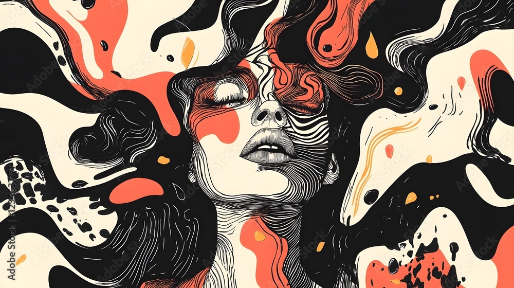 Aufkleber surreal female portrait with vibrant psychedelic textures and fluid patterns
