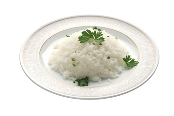 A portion of aromatic jasmine rice artistically arranged on an elegant white plate, accompanied by a few green parsley leaves for a pop of color.