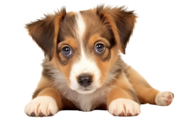 A portrait of a small mixed breed puppy with a patchwork coat of brown and white fur. The puppy is lying on its stomach with its front paws outstretched, looking directly at the camera with bright