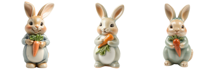 Set of Charming Decorative Rabbits with Carrots on Transparent Background