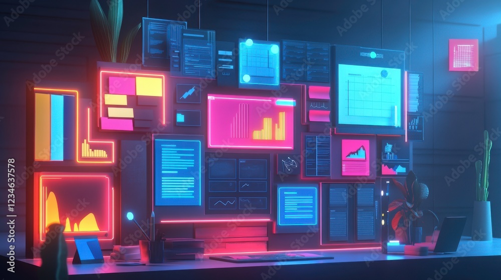 Poster a futuristic workspace illuminated with neon screens displaying data, graphs, and information, creat