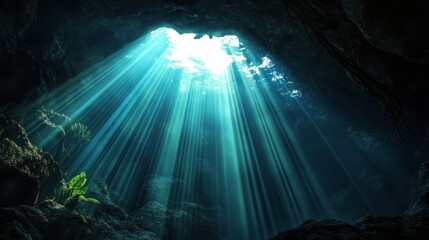 A diver exploring an underwater cave illuminated by beams of sunlight.