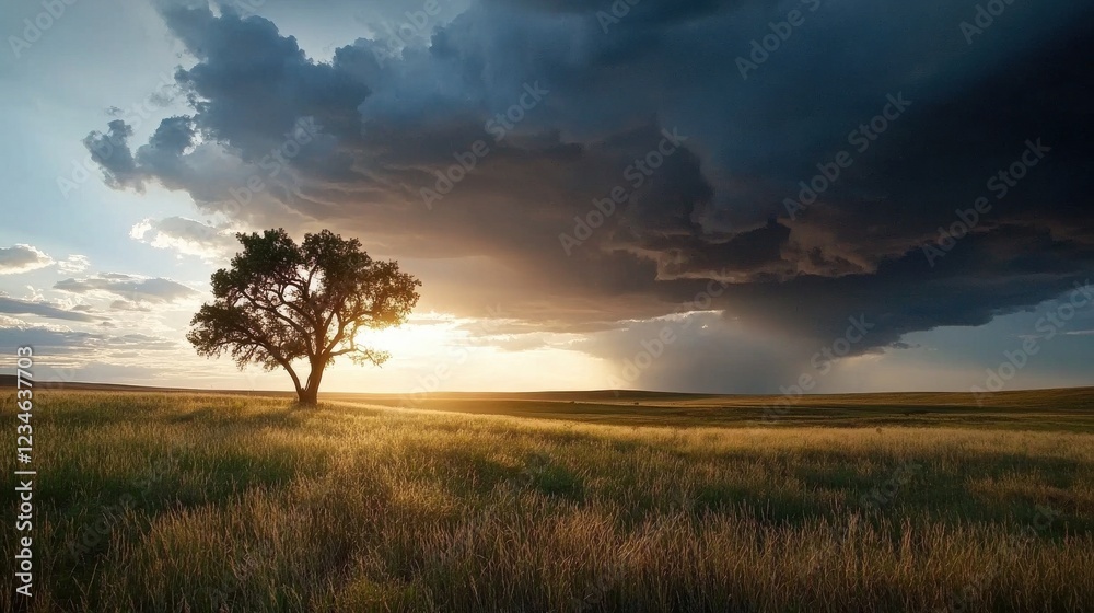 Poster a dramatic storm rolling in over a wide-open prairie with a lone tree.