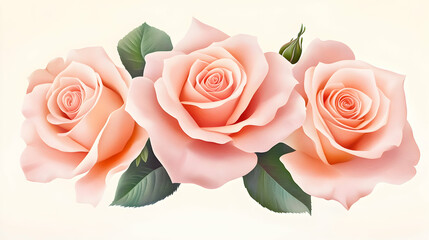 Three peach roses, close-up, floral arrangement, soft background, ideal for greeting cards