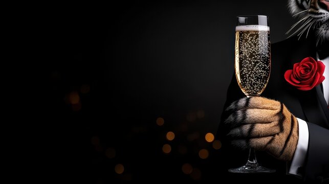 A classy tiger in a tuxedo holds a champagne glass, adding a wild twist to an elegant celebration.