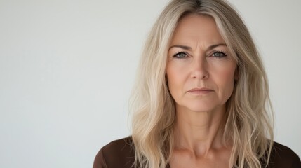 Fototapeta premium A solemn blonde woman with a tense expression looks forward, her serious and emotional face standing out against the pure white background.