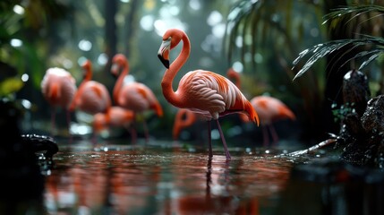 Fototapeta premium A flock of flamingos standing gracefully in a tranquil wetland.