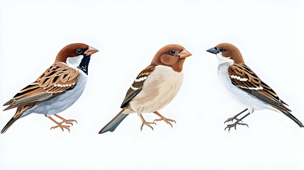 Fototapeta premium Three sparrows, side profile, white background; illustration for ornithology guide