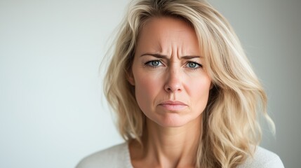 Naklejka premium A solemn blonde woman with a tense expression looks forward, her serious and emotional face standing out against the pure white background.