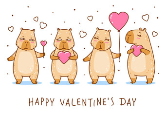 Set of cute сartoon capybaras with heart decorations - funny animal border for Your Valentines day design 3