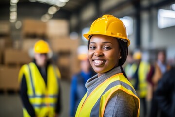 Smiling young African American woman working in factory
