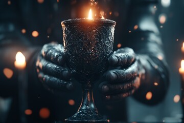 A Gothic depiction of a skilled artisan carving intricate designs into a dark, ominous chalice, with candlelight casting eerie shadows